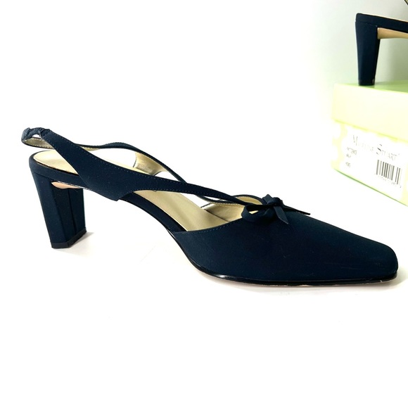 Y2K Madeline Bow Square Toe Sling Back Heels 8.5 navy Fabric Chunky Heel - Picture 5 of 15